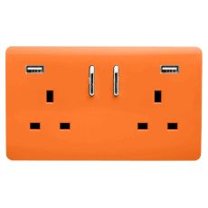 Trendi, Artistic 2 Gang 13Amp Short S/W Double Socket With 2x2.1Mah USB Orange Finish, BRITISH MADE, (35mm Back Box Required), 5yrs Warranty
