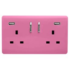 Trendi, Artistic 2 Gang 13Amp Short S/W Double Socket With 2x2.1Mah USB Pink Finish, BRITISH MADE, (35mm Back Box Required), 5yrs Warranty