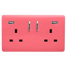 Strawberry Screwless 2 Gang Switched Double Socket 13A With 2 x USB-A 10W (Shared), (35mm Back Box Req.), 10yrs Warranty