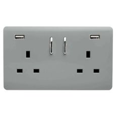 Trendi, Artistic Modern 2 Gang 13Amp Short S/W Double Socket With 2x2.1Mah USB Silver Finish, BRITISH MADE, (35mm Back Box Required), 5yrs Warranty