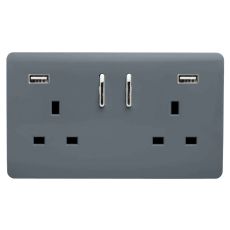 Trendi, Artistic 2 Gang 13Amp Short S/W Double Socket With 2x2.1Mah USB Warm Grey Finish, BRITISH MADE, (35mm Back Box Required), 5yrs Warranty