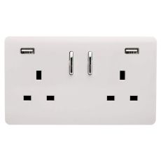 Trendi, Artistic Modern 2 Gang 13Amp Short S/W Double Socket, 2x2.1Mah USB Ice White Finish, BRITISH MADE, (35mm Back Box Required), 5yrs Warranty