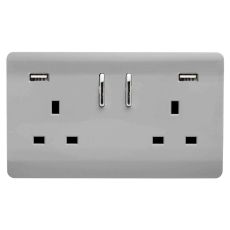 Trendi, Artistic Modern 2 Gang USB 2x3.1mAH Plug Socket Brushed Steel Finish, BRITISH MADE, (35mm Back Box Required), 5yrs Warranty