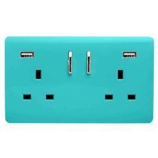 Trendi, Artistic Modern 2 Gang USB 2x3.1mAH Plug Socket Bright Teal Finish, BRITISH MADE, (35mm Back Box Required), 5yrs Warranty