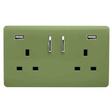 Trendi, Artistic Modern 2 Gang USB 2x3.1mAH Plug Socket Moss Green Finish, BRITISH MADE, (35mm Back Box Required), 5yrs Warranty