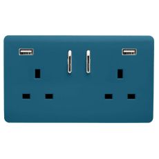 Trendi, Artistic Modern 2 Gang USB 2x3.1mAH Plug Socket Ocean Blue Finish, BRITISH MADE, (35mm Back Box Required), 5yrs Warranty