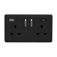 Piano Black Screwless 2 Gang Switched Double Socket 13A With 1 x USB-A & 1 x USB-C 15W (Shared), (35mm Back Box Req.), 10yrs Warranty