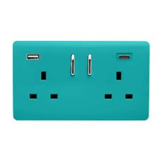 Bright Teal Screwless 2 Gang Switched Double Socket 13A With 1 x USB-A & 1 x USB-C 15W (Shared), (35mm Back Box Req.), 10yrs Warranty