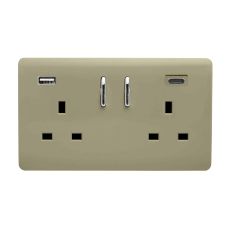 Champagne Gold Screwless 2 Gang Switched Double Socket 13A With 1 x USB-A & 1 x USB-C 15W (Shared), (35mm Back Box Req.), 10yrs Warranty