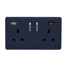Navy Blue Screwless 2 Gang Switched Double Socket 13A With 1 x USB-A & 1 x USB-C 15W (Shared), (35mm Back Box Req.), 10yrs Warranty