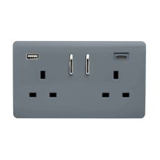 Warm Grey Screwless 2 Gang Switched Double Socket 13A With 1 x USB-A & 1 x USB-C 15W (Shared), (35mm Back Box Req.), 10yrs Warranty