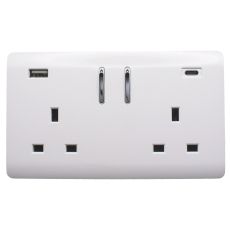 Ice White Screwless 2 Gang Switched Double Socket 13A With 1 x USB-A & 1 x USB-C 15W (Shared), (35mm Back Box Req.), 10yrs Warranty