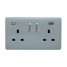 Cool Grey Screwless 2 Gang Switched Double Socket 13A With 1 x USB-A & 1 x USB-C 45W (Shared), (35mm Back Box Req.), 10yrs Warranty