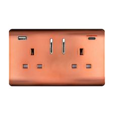 Copper Screwless 2 Gang Switched Double Socket 13A With 1 x USB-A & 1 x USB-C 45W (Shared), (35mm Back Box Req.), 10yrs Warranty