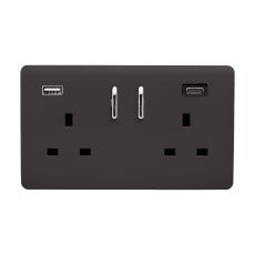 Dark Brown Screwless 2 Gang Switched Double Socket 13A With 1 x USB-A & 1 x USB-C 45W (Shared), (35mm Back Box Req.), 10yrs Warranty
