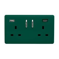Dark Green Screwless 2 Gang Switched Double Socket 13A With 1 x USB-A & 1 x USB-C 45W (Shared), (35mm Back Box Req.), 10yrs Warranty