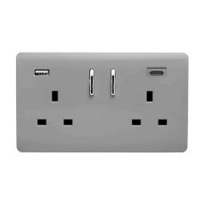 Light Grey Screwless 2 Gang Switched Double Socket 13A With 1 x USB-A & 1 x USB-C 45W (Shared), (35mm Back Box Req.), 10yrs Warranty