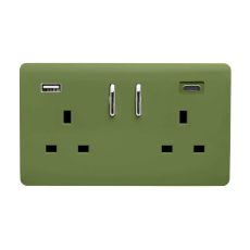Moss Green Screwless 2 Gang Switched Double Socket 13A With 1 x USB-A & 1 x USB-C 45W (Shared), (35mm Back Box Req.), 10yrs Warranty