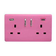 Pink Screwless 2 Gang Switched Double Socket 13A With 1 x USB-A & 1 x USB-C 45W (Shared), (35mm Back Box Req.), 10yrs Warranty