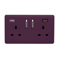 Plum Screwless 2 Gang Switched Double Socket 13A With 1 x USB-A & 1 x USB-C 45W (Shared), (35mm Back Box Req.), 10yrs Warranty
