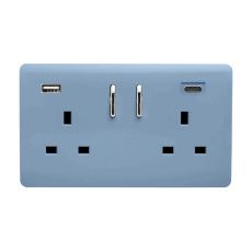 Sky Blue Screwless 2 Gang Switched Double Socket 13A With 1 x USB-A & 1 x USB-C 45W (Shared), (35mm Back Box Req.), 10yrs Warranty