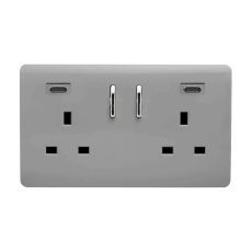 Light Grey Screwless 2 Gang Switched Double Socket 13A With 2 x USB-C 45W (Shared), (35mm Back Box Req.), 10yrs Warranty