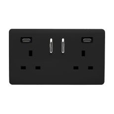 Matt Black Screwless 2 Gang Switched Double Socket 13A With 2 x USB-C 65W (Shared), (35mm Back Box Req.), 10yrs Warranty