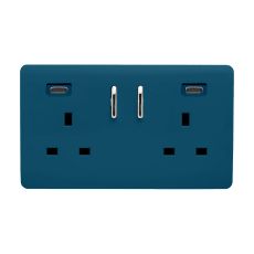 Midnight Blue Screwless 2 Gang Switched Double Socket 13A With 2 x USB-C 45W (Shared), (35mm Back Box Req.), 10yrs Warranty