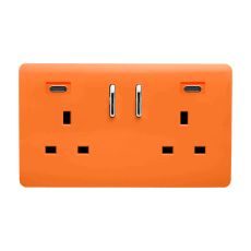 Orange Screwless 2 Gang Switched Double Socket 13A With 2 x USB-C 45W (Shared), (35mm Back Box Req.), 10yrs Warranty