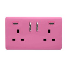 Pink Screwless 2 Gang Switched Double Socket 13A With 2 x USB-C 65W (Shared), (35mm Back Box Req.), 10yrs Warranty