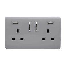 Platinum Silver Screwless 2 Gang Switched Double Socket 13A With 2 x USB-C 45W (Shared), (35mm Back Box Req.), 10yrs Warranty