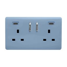 Sky Blue Screwless 2 Gang Switched Double Socket 13A With 2 x USB-C 65W (Shared), (35mm Back Box Req.), 10yrs Warranty