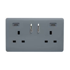 Warm Grey Screwless 2 Gang Switched Double Socket 13A With 2 x USB-C 45W (Shared), (35mm Back Box Req.), 10yrs Warranty