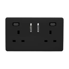 Piano Black Screwless 2 Gang Switched Double Socket 13A With 2 x USB-C 24W (Shared), (35mm Back Box Req.), 10yrs Warranty