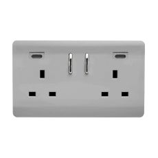 Brushed Steel Screwless 2 Gang Switched Double Socket 13A With 2 x USB-C 24W (Shared), (35mm Back Box Req.), 10yrs Warranty
