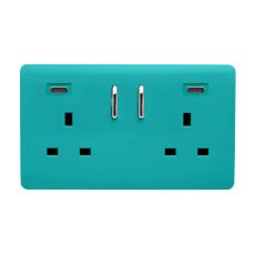 Bright Teal Screwless 2 Gang Switched Double Socket 13A With 2 x USB-C 24W (Shared), (35mm Back Box Req.), 10yrs Warranty
