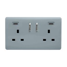 Cool Grey Screwless 2 Gang Switched Double Socket 13A With 2 x USB-C 24W (Shared), (35mm Back Box Req.), 10yrs Warranty