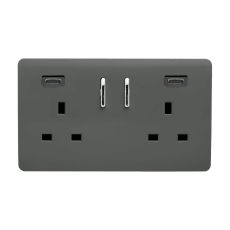 Charcoal Screwless 2 Gang Switched Double Socket 13A With 2 x USB-C 24W (Shared), (35mm Back Box Req.), 10yrs Warranty