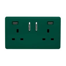 Dark Green Screwless 2 Gang Switched Double Socket 13A With 2 x USB-C 24W (Shared), (35mm Back Box Req.), 10yrs Warranty