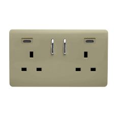 Champagne Gold Screwless 2 Gang Switched Double Socket 13A With 2 x USB-C 24W (Shared), (35mm Back Box Req.), 10yrs Warranty