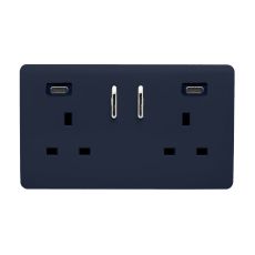 Navy Blue Screwless 2 Gang Switched Double Socket 13A With 2 x USB-C 24W (Shared), (35mm Back Box Req.), 10yrs Warranty