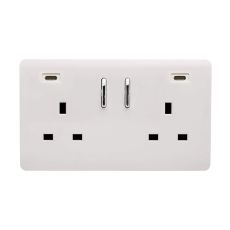 Ice White Screwless 2 Gang Switched Double Socket 13A With 2 x USB-C 24W (Shared), (35mm Back Box Req.), 10yrs Warranty