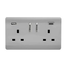 Brushed Steel Screwless 2 Gang Switched Double Socket 13A With 1 x USB-A & 1 x USB-C 65W (Shared), (35mm Back Box Req.), 10yrs Warranty