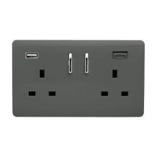 Charcoal Screwless 2 Gang Switched Double Socket 13A With 1 x USB-A & 1 x USB-C 65W (Shared), (35mm Back Box Req.), 10yrs Warranty