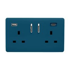 Midnight Blue Screwless 2 Gang Switched Double Socket 13A With 1 x USB-A & 1 x USB-C 65W (Shared), (35mm Back Box Req.), 10yrs Warranty