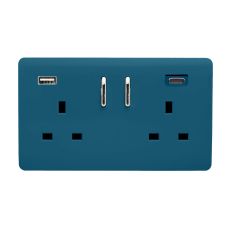 Ocean Blue Screwless 2 Gang Switched Double Socket 13A With 1 x USB-A & 1 x USB-C 65W (Shared), (35mm Back Box Req.), 10yrs Warranty