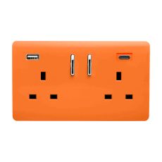 Orange Screwless 2 Gang Switched Double Socket 13A With 1 x USB-A & 1 x USB-C 65W (Shared), (35mm Back Box Req.), 10yrs Warranty