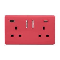 Strawberry Screwless 2 Gang Switched Double Socket 13A With 1 x USB-A & 1 x USB-C 65W (Shared), (35mm Back Box Req.), 10yrs Warranty