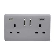 Platinum Silver Screwless 2 Gang Switched Double Socket 13A With 1 x USB-A & 1 x USB-C 65W (Shared), (35mm Back Box Req.), 10yrs Warranty