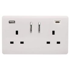Ice White Screwless 2 Gang Switched Double Socket 13A With 1 x USB-A & 1 x USB-C 65W (Shared), (35mm Back Box Req.), 10yrs Warranty